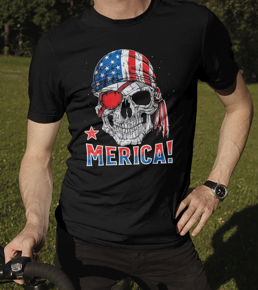 Merica Pirate Skull With American Flag Bandana And Red Eyepatch T-Shirt