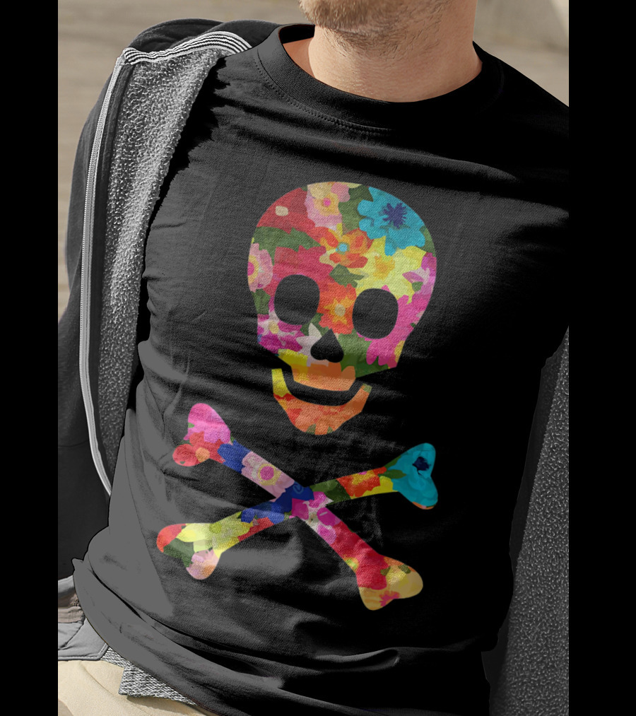Flower Skull And Crossbones Funky Pirate Multicolor Floral T-Shirt