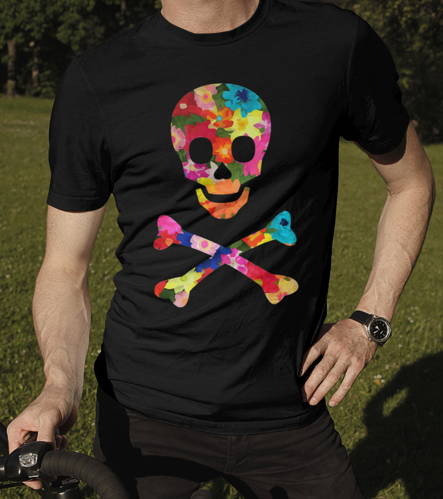 Flower Skull And Crossbones Funky Pirate Multicolor Floral T-Shirt