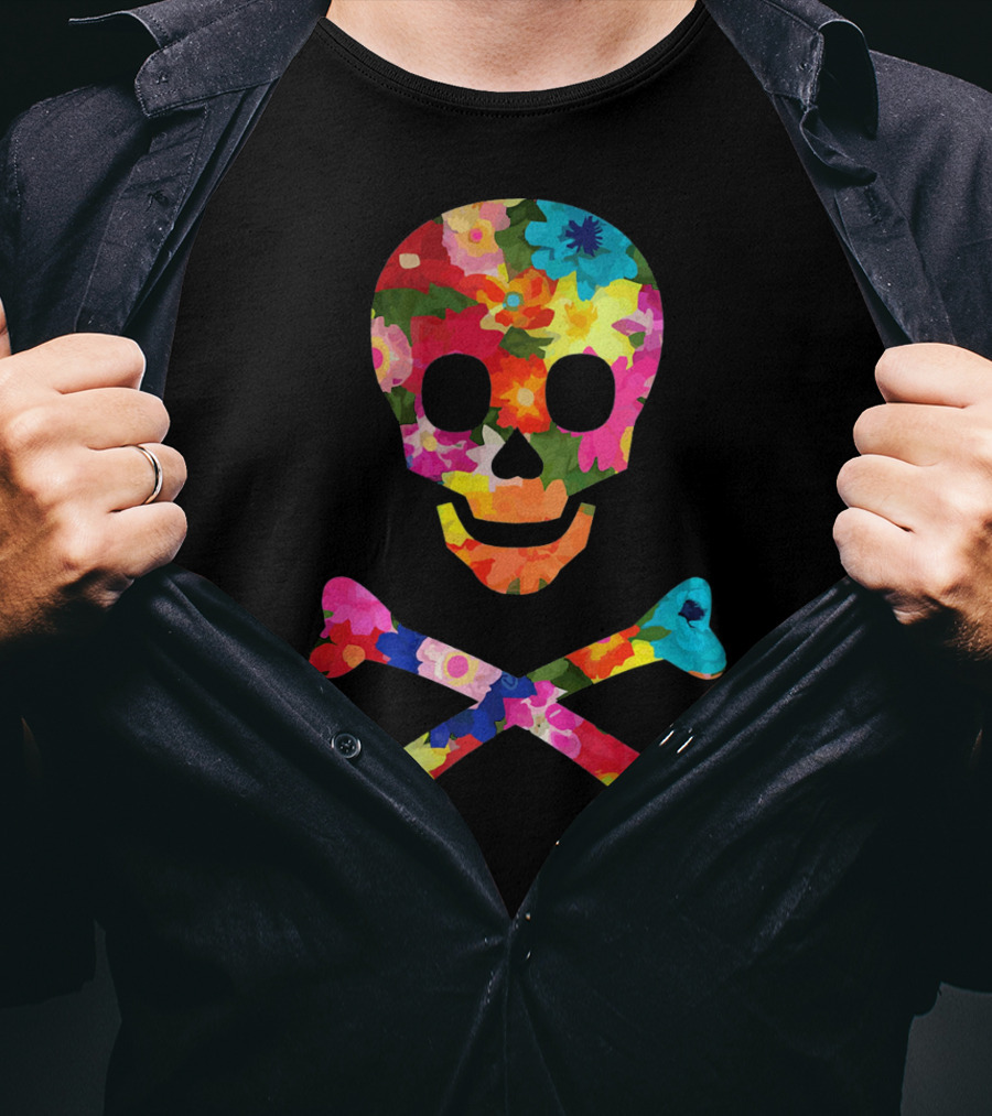 Flower Skull And Crossbones Funky Pirate Multicolor Floral T-Shirt