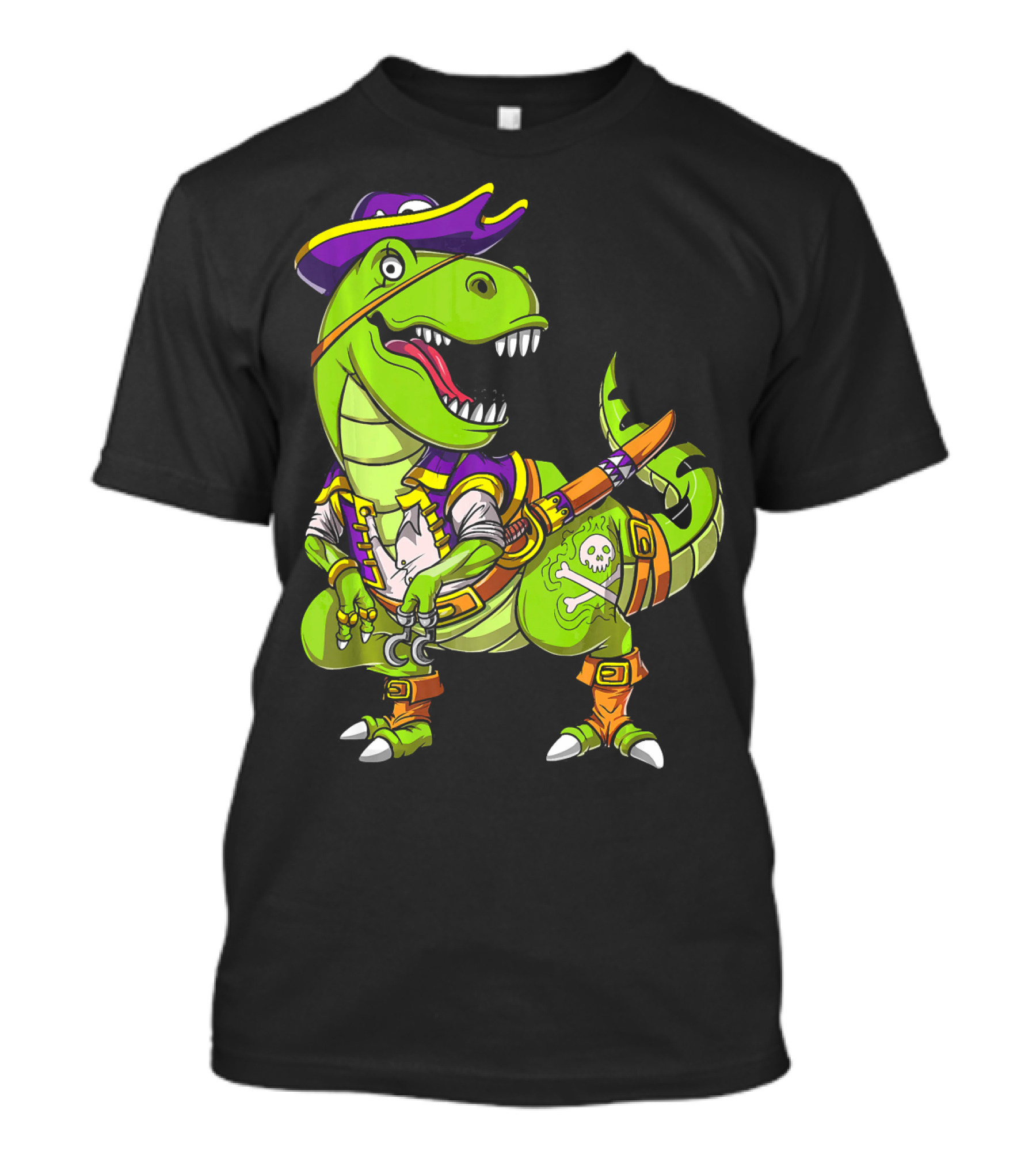T Rex Dinosaur Pirate Captain With Hat And Hook In Green And Purple T-Shirt