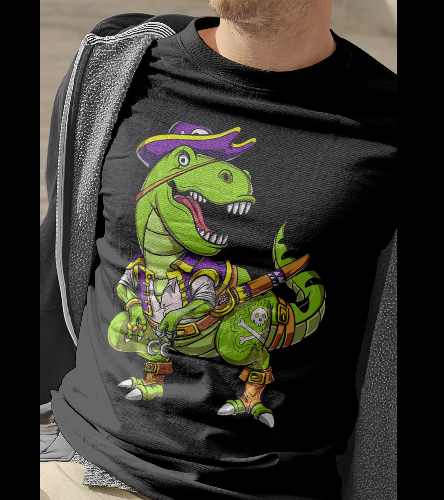 T Rex Dinosaur Pirate Captain With Hat And Hook In Green And Purple T-Shirt