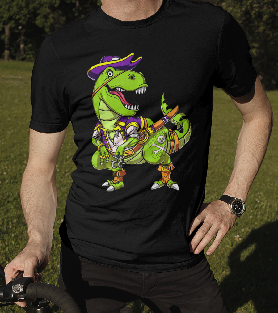 T Rex Dinosaur Pirate Captain With Hat And Hook In Green And Purple T-Shirt