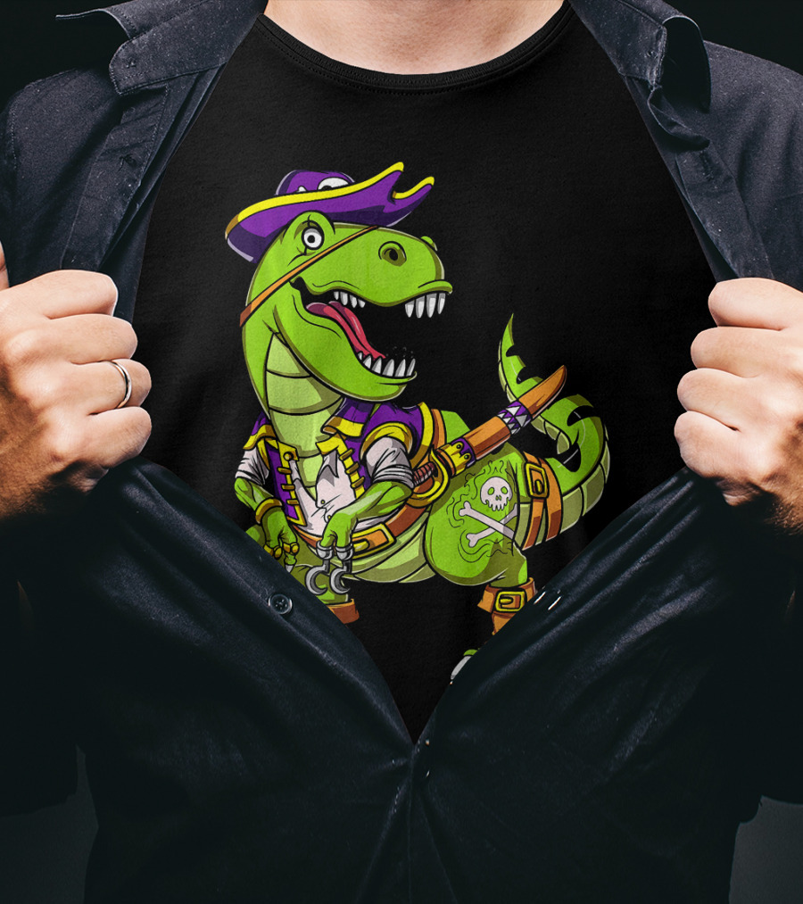 T Rex Dinosaur Pirate Captain With Hat And Hook In Green And Purple T-Shirt