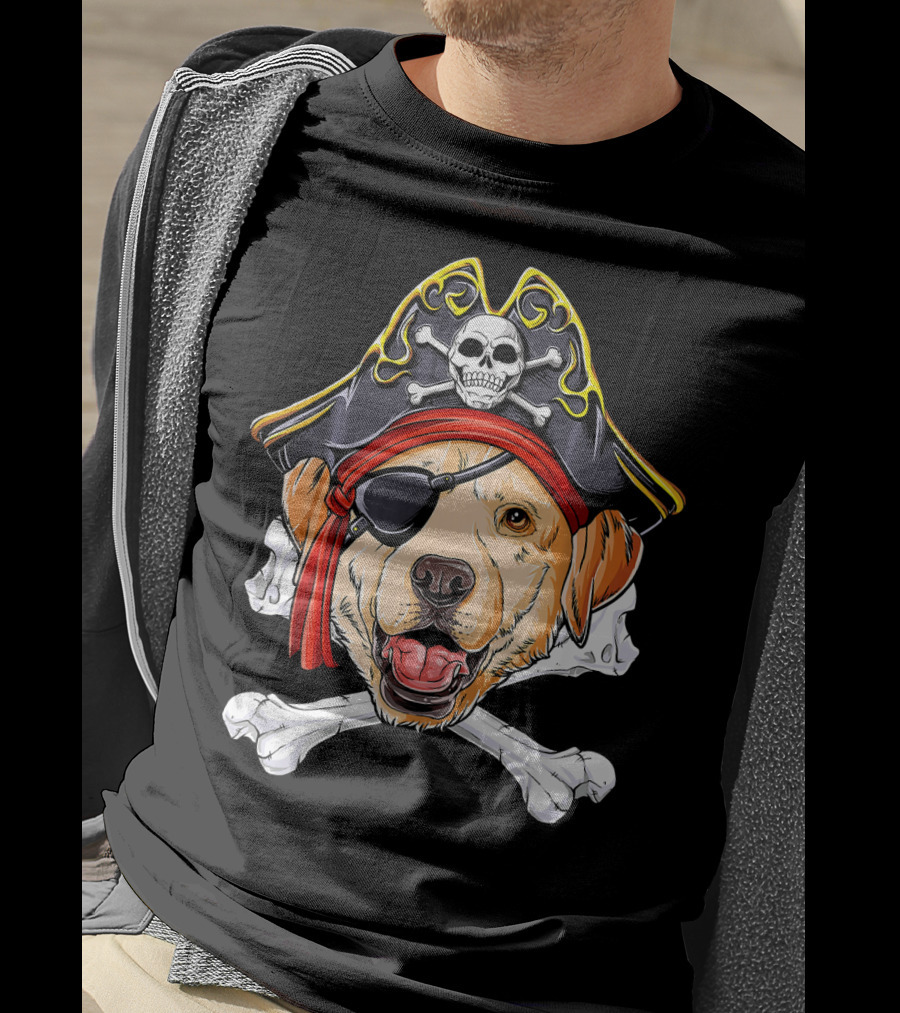 Labrador With Pirate Skull Hat And Crossbones T-Shirt