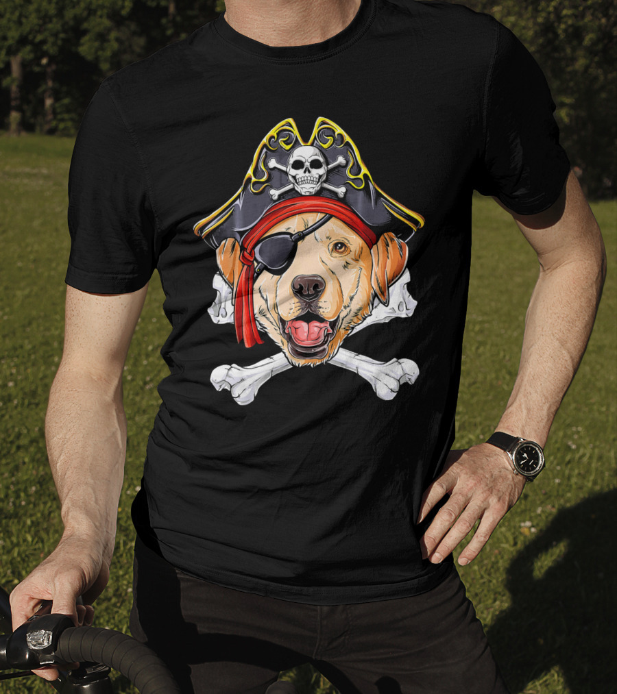 Labrador With Pirate Skull Hat And Crossbones T-Shirt