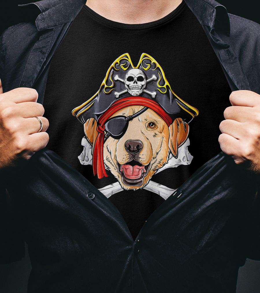 Labrador With Pirate Skull Hat And Crossbones T-Shirt