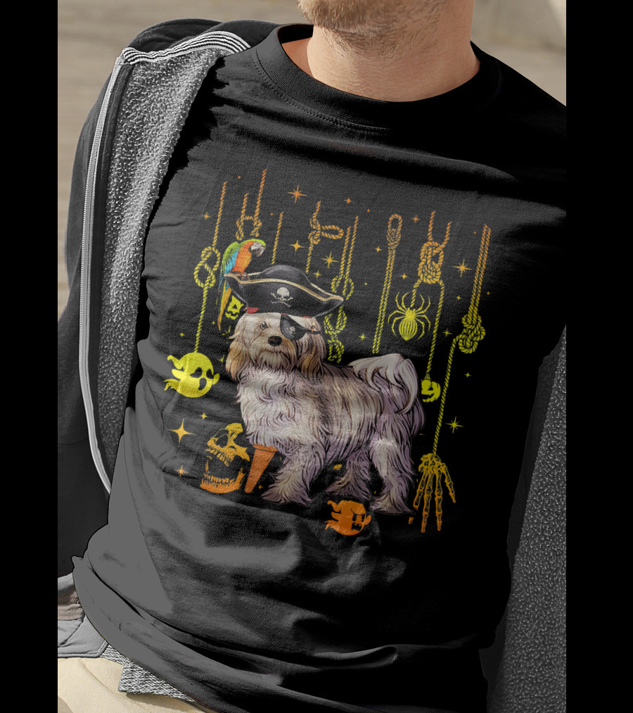Havanese Pirate Halloween Dog With Parrot And Skulls T-Shirt