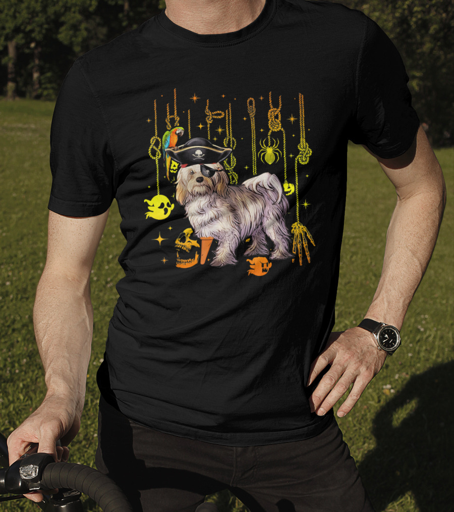 Havanese Pirate Halloween Dog With Parrot And Skulls T-Shirt
