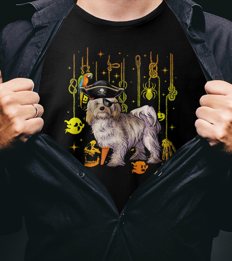 Havanese Pirate Halloween Dog With Parrot And Skulls T-Shirt