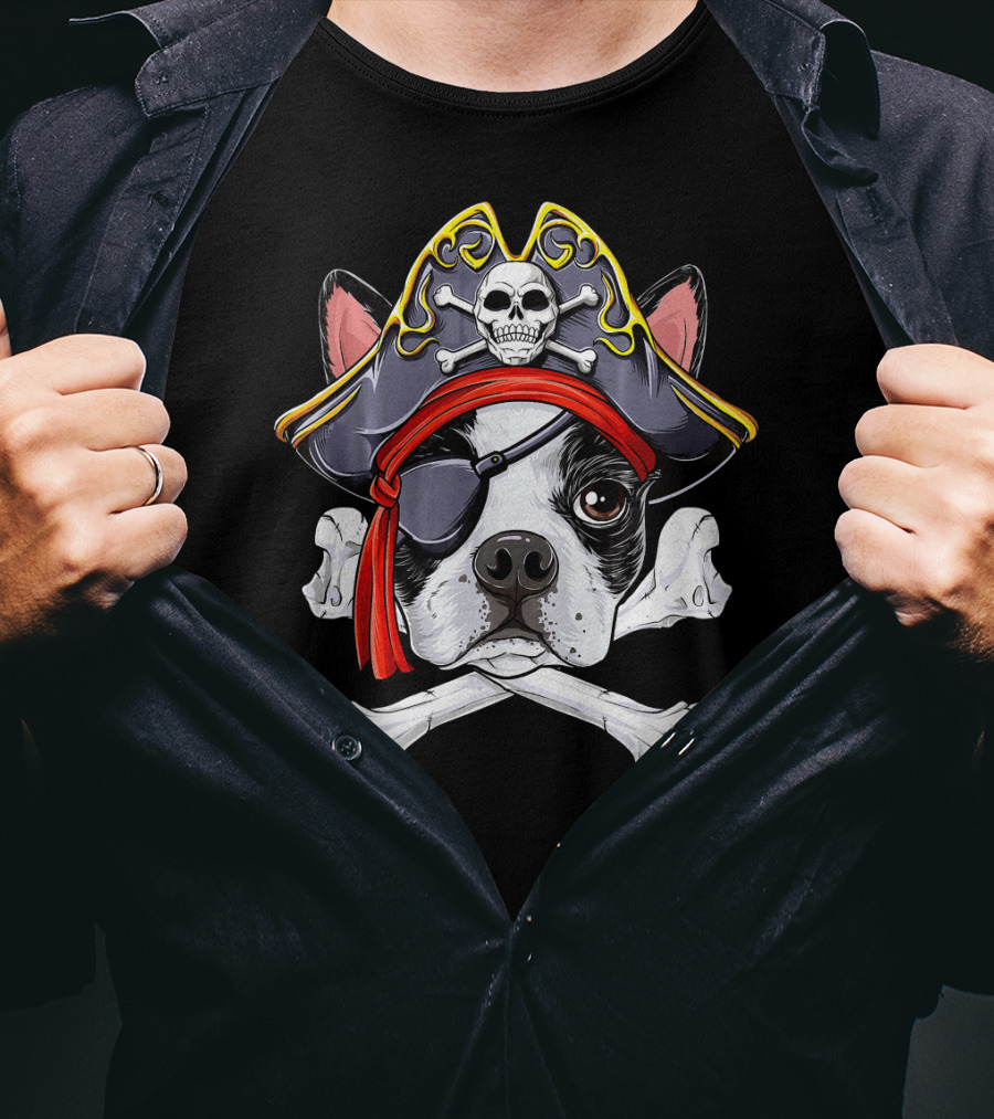 Boston Terrier Pirate Jolly Roger Skull And Crossbones T-Shirt
