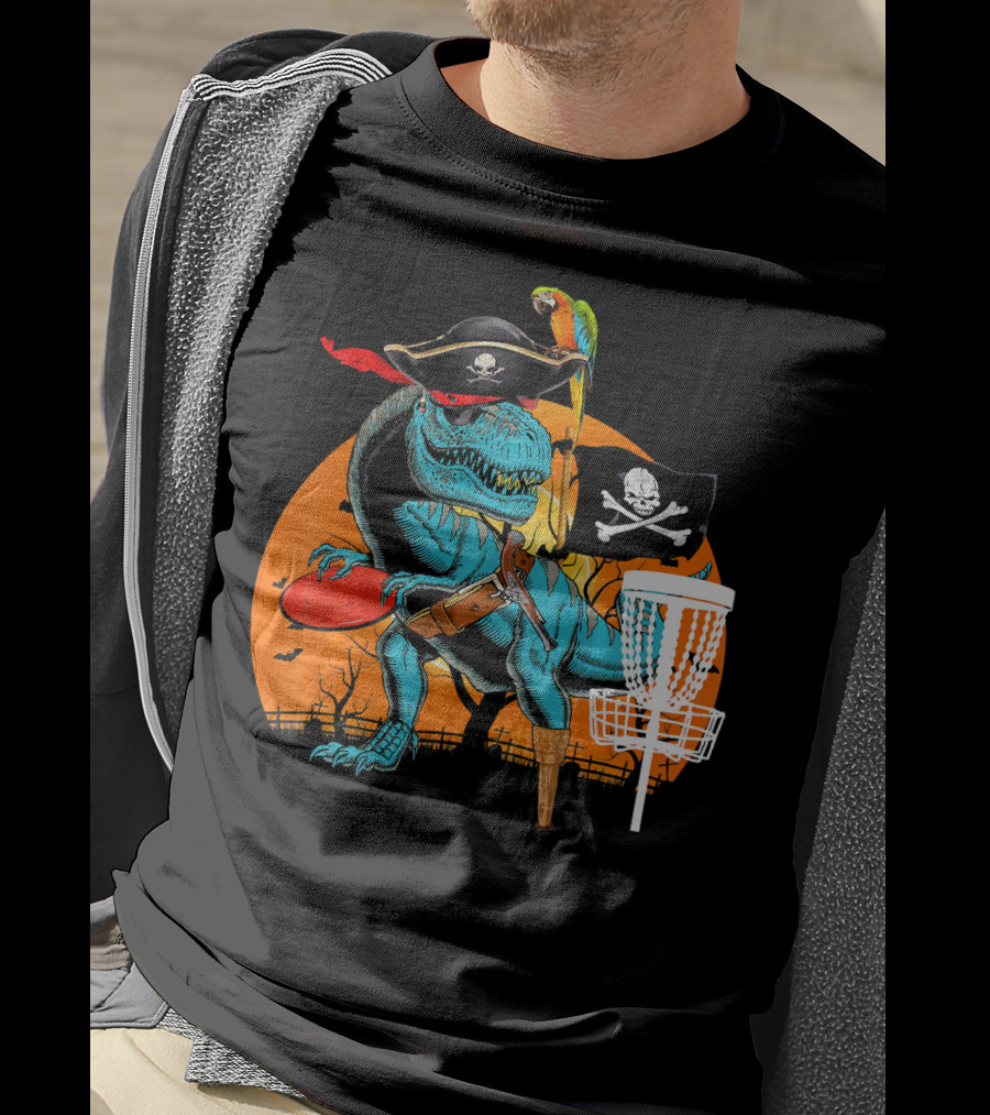 Jolly Roger Pirate Dinosaur Disc Golf Adventure T-Shirt