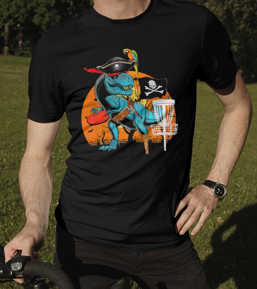 Jolly Roger Pirate Dinosaur Disc Golf Adventure T-Shirt