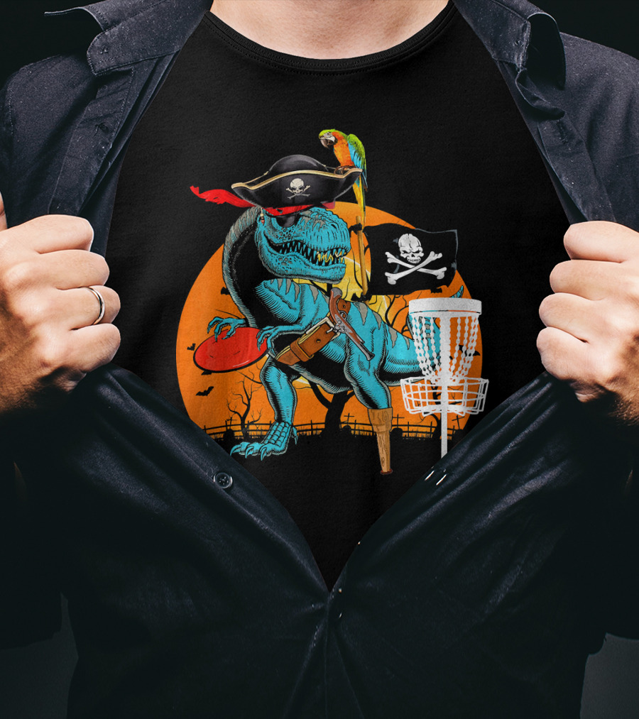 Jolly Roger Pirate Dinosaur Disc Golf Adventure T-Shirt