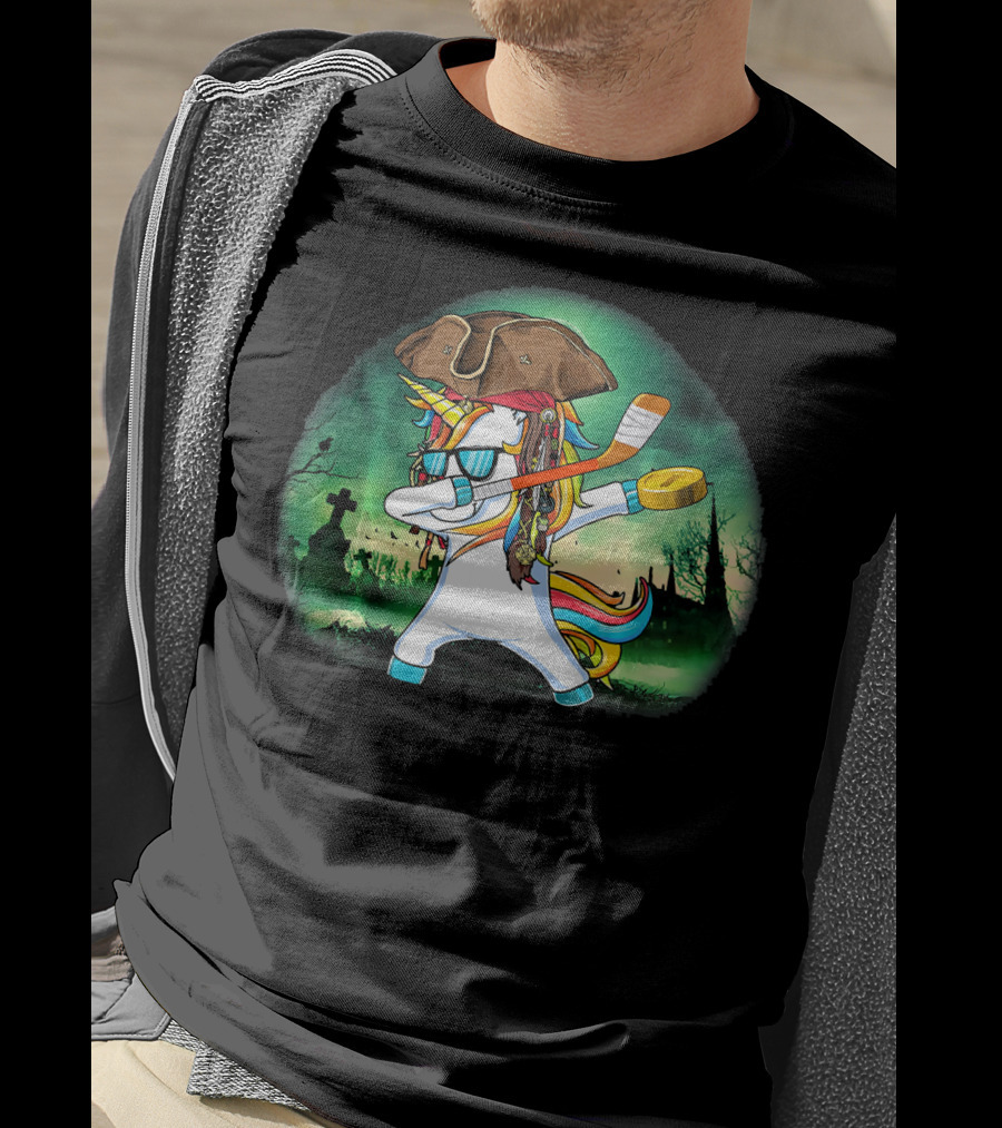 Dabbing Pirate Unicorn With Hockey Stick In Spooky Graveyard Scene T-Shirt