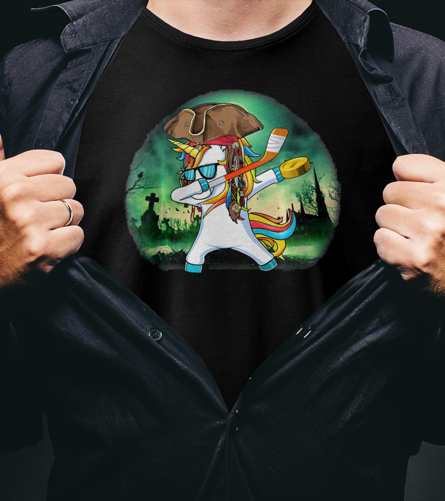 Dabbing Pirate Unicorn With Hockey Stick In Spooky Graveyard Scene T-Shirt