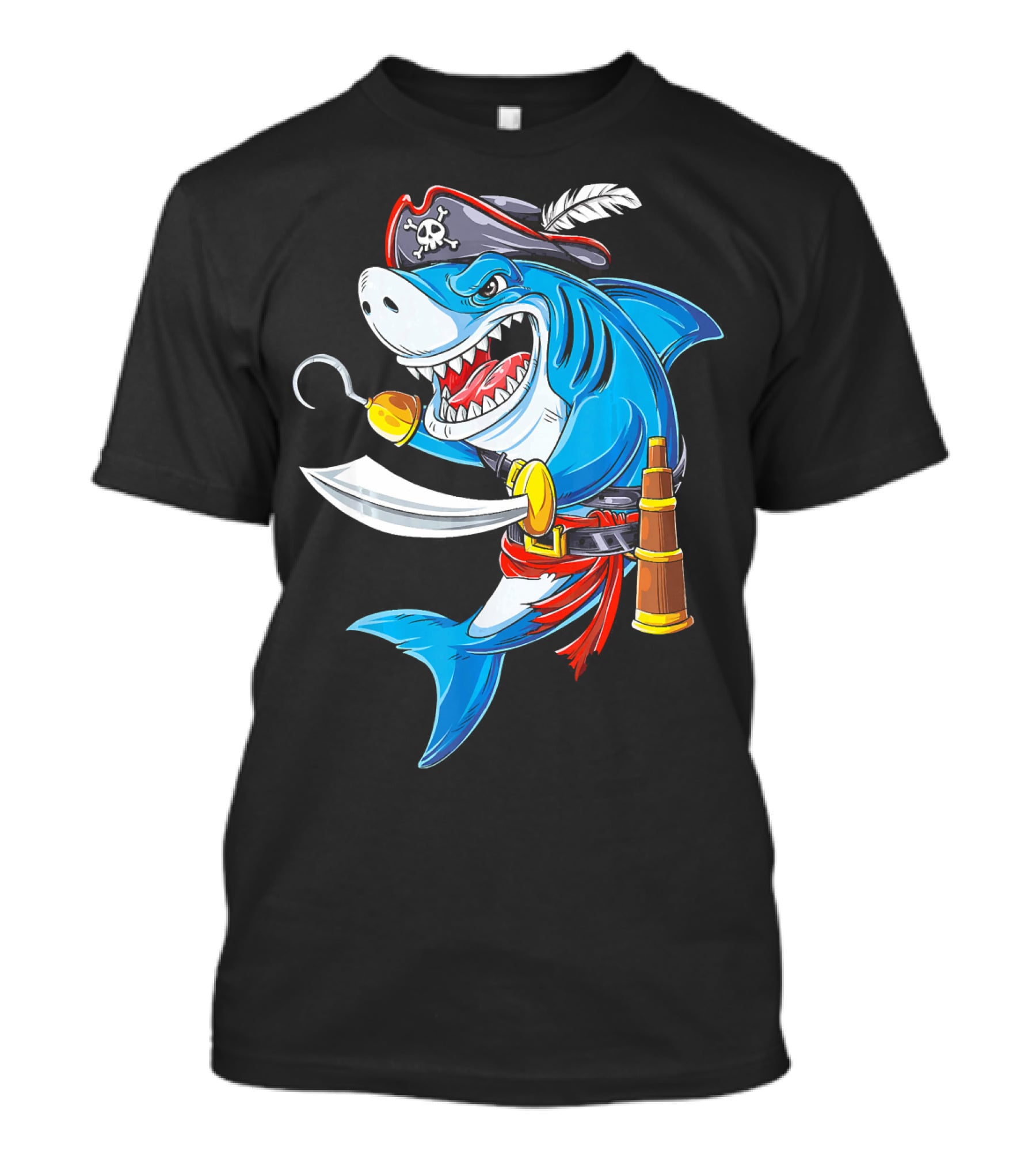 Shark Pirate Costume Jolly Roger Flag With Hook And Sword T-Shirt