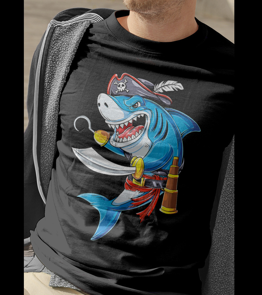 Shark Pirate Costume Jolly Roger Flag With Hook And Sword T-Shirt