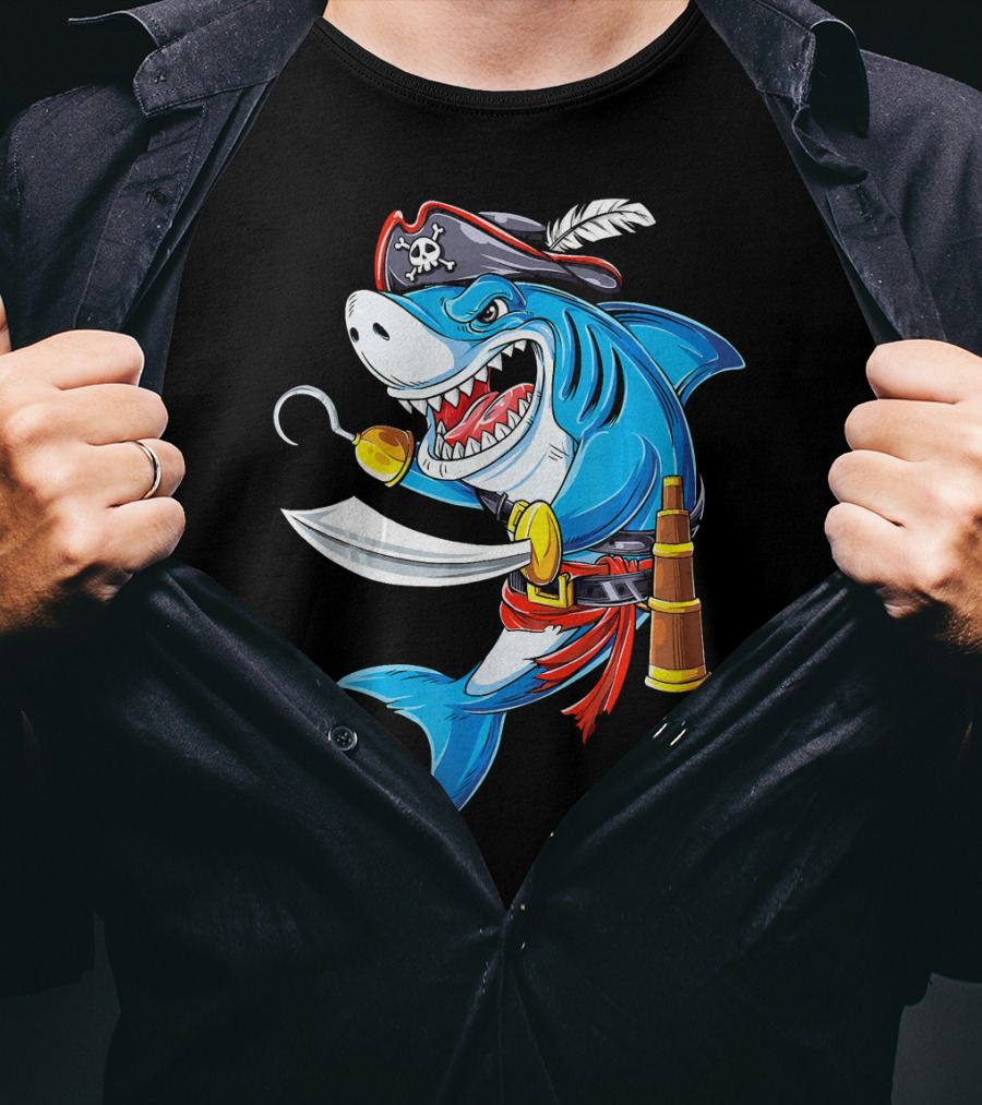 Shark Pirate Costume Jolly Roger Flag With Hook And Sword T-Shirt