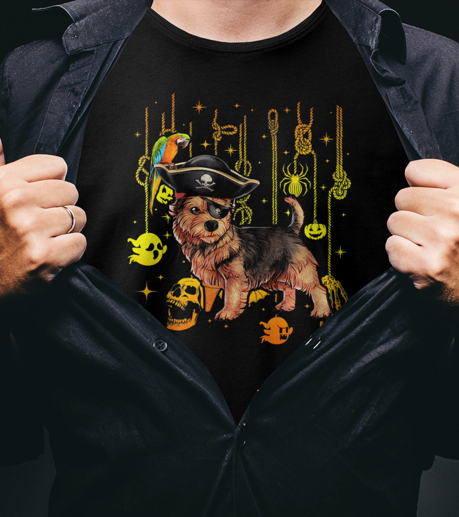 Norwich Terrier Pirate With Halloween Ghosts And Skull T-Shirt