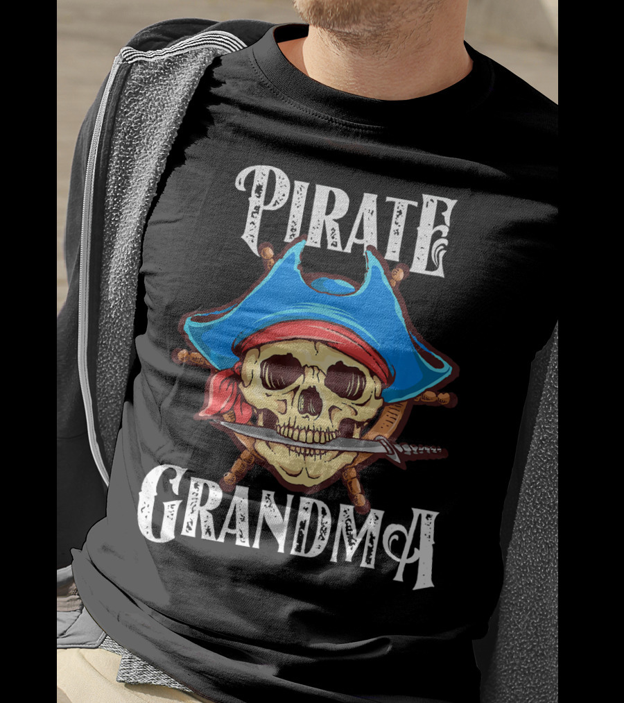 Pirate Grandma Skull With Blue Hat And Sword T-Shirt