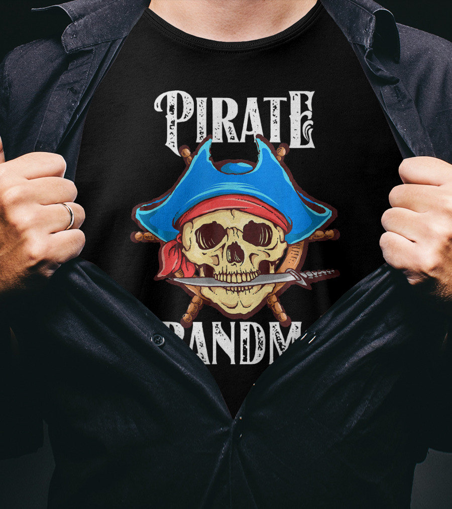 Pirate Grandma Skull With Blue Hat And Sword T-Shirt