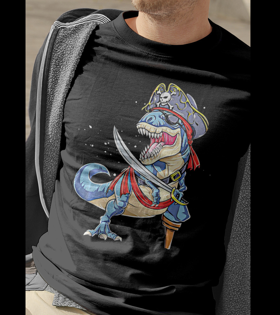 Pirate Dinosaur With Sword And Skull Hat T-Shirt