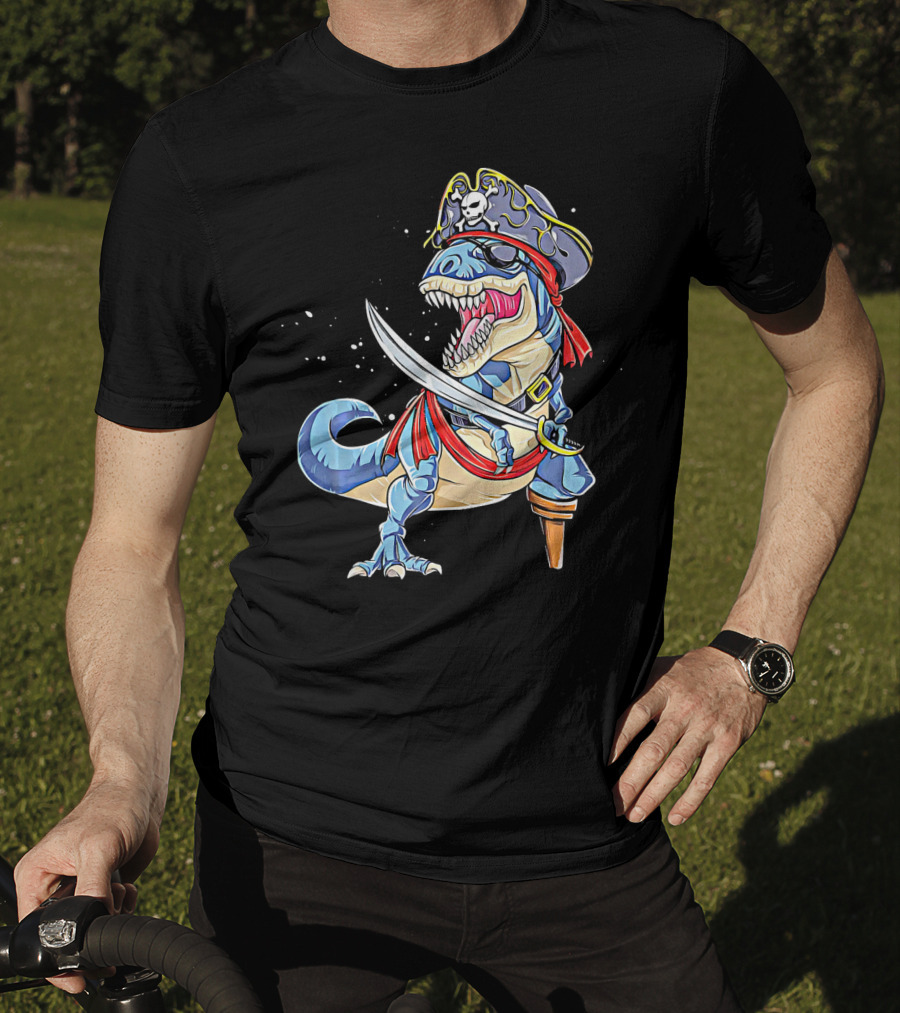 Pirate Dinosaur With Sword And Skull Hat T-Shirt