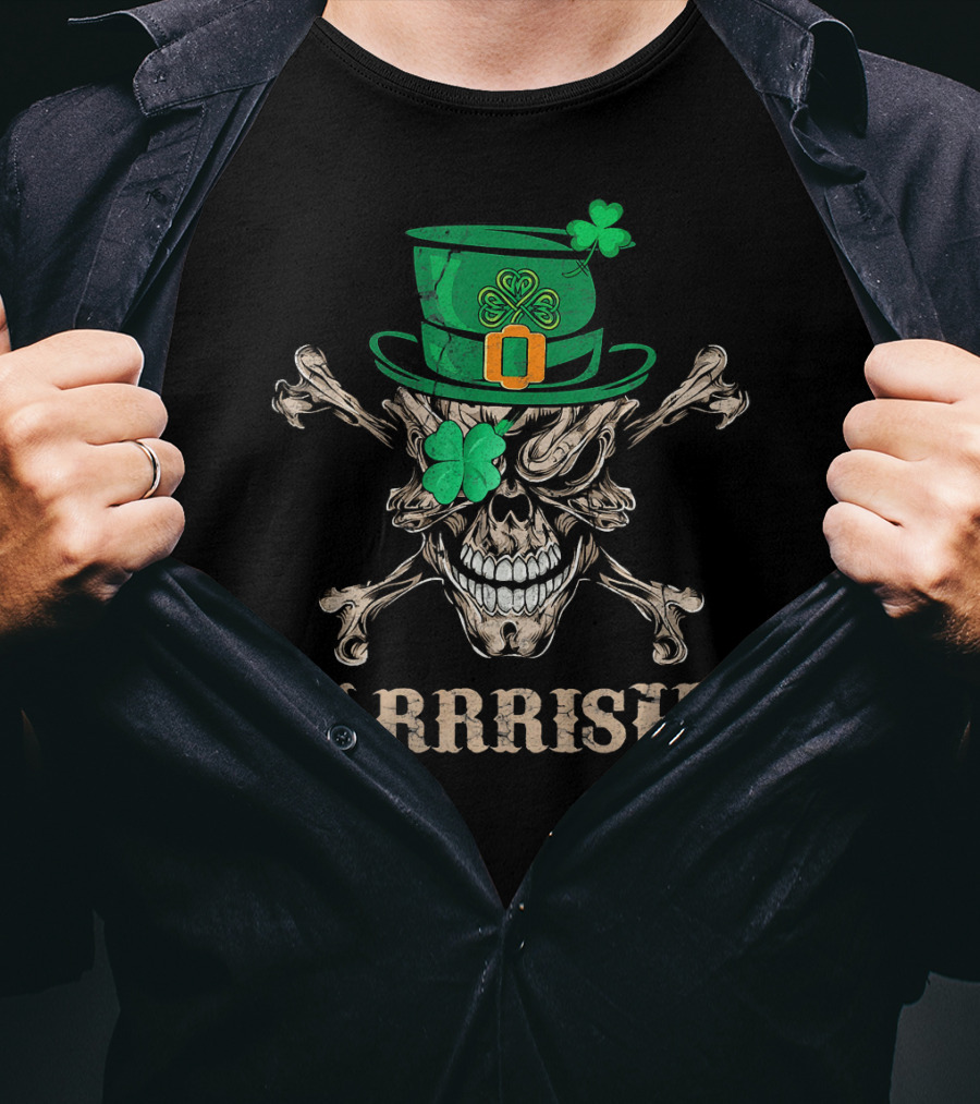 ARRRISH Skull In Irish Pirate Style With Shamrock Hat T-Shirt