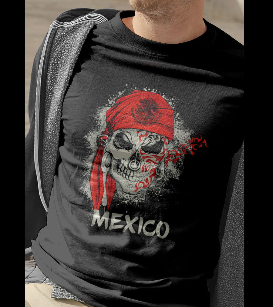 Mexico Skull With Red Bandana And Serpent Emblem T-Shirt