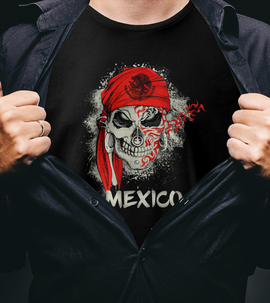 Mexico Skull With Red Bandana And Serpent Emblem T-Shirt