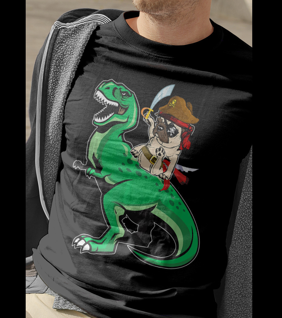 Pirate Pug Riding Rex Dinosaur With Sword And Hat T-Shirt
