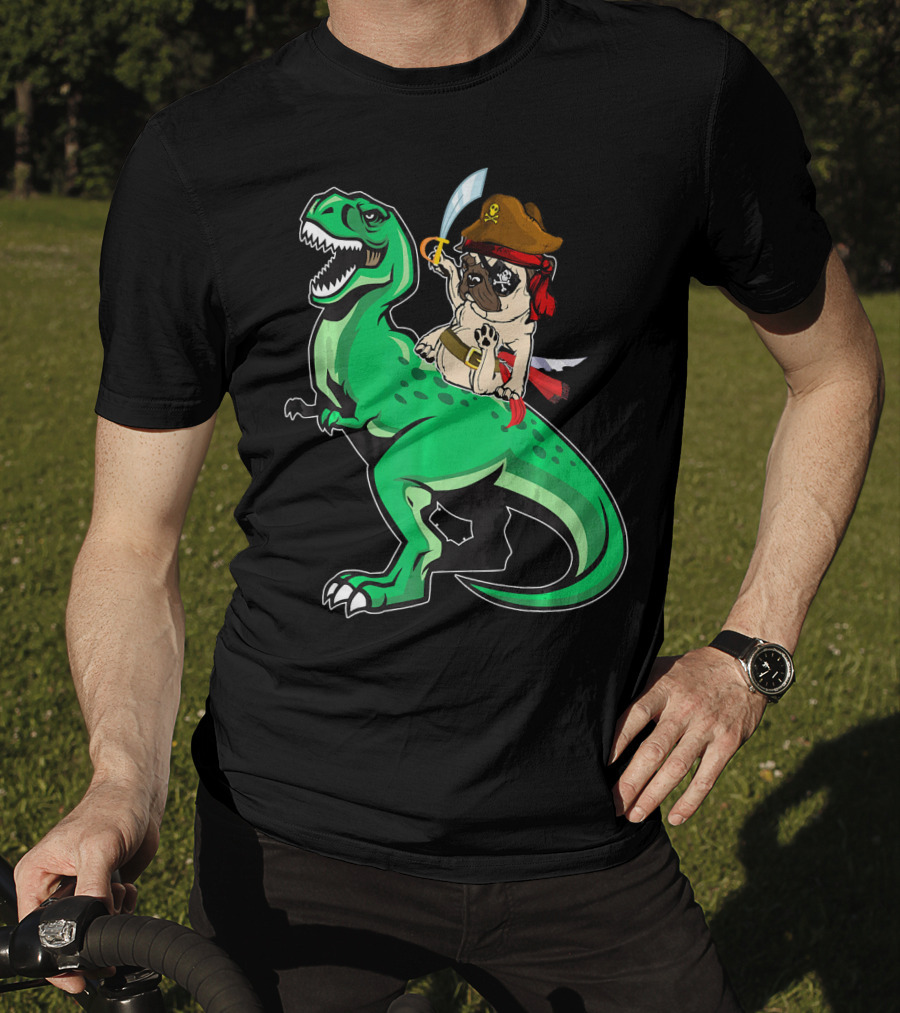 Pirate Pug Riding Rex Dinosaur With Sword And Hat T-Shirt