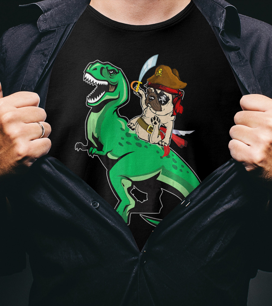 Pirate Pug Riding Rex Dinosaur With Sword And Hat T-Shirt
