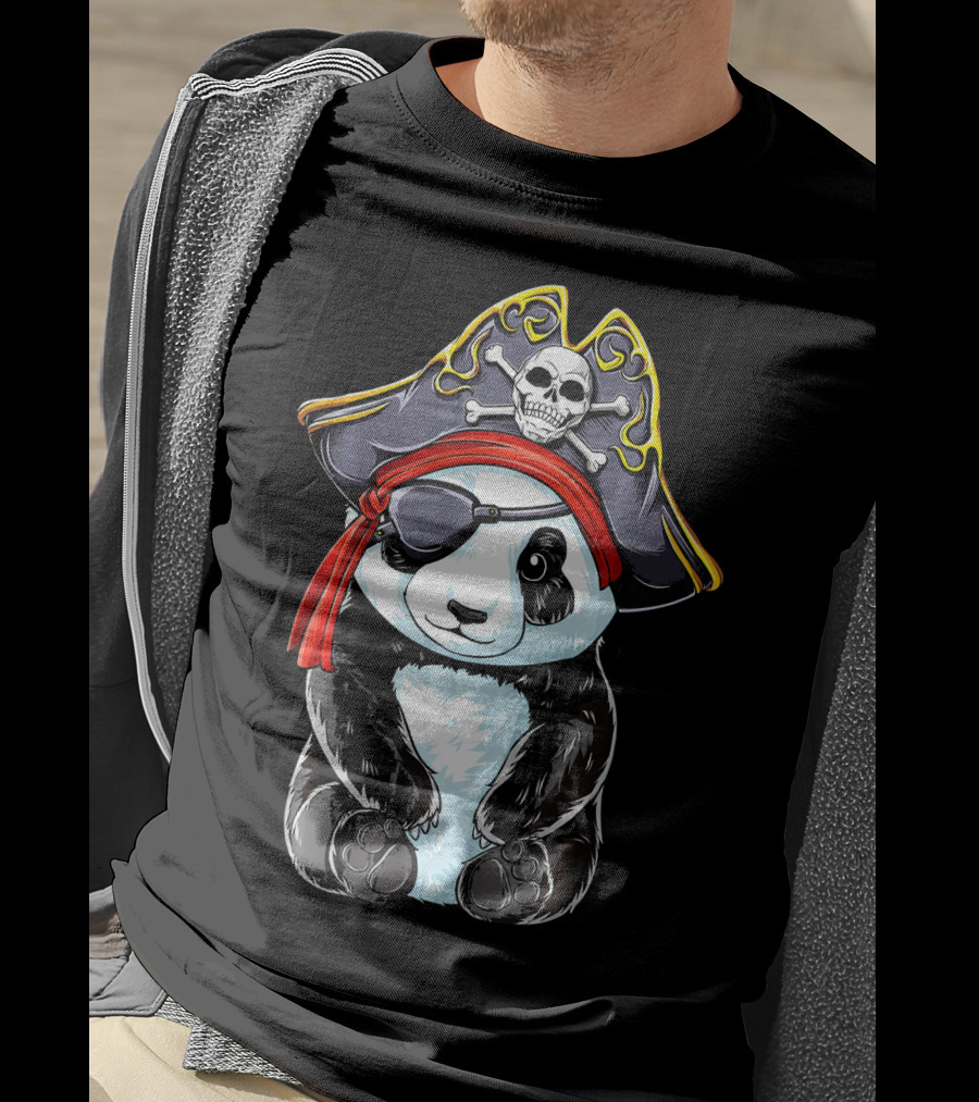 Panda Pirate Jolly Roger Skull Crossbones Eyepatch Bandana Hat T-Shirt