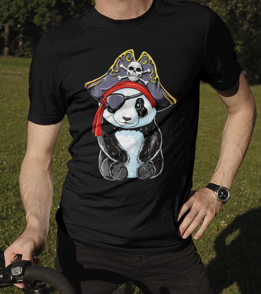 Panda Pirate Jolly Roger Skull Crossbones Eyepatch Bandana Hat T-Shirt