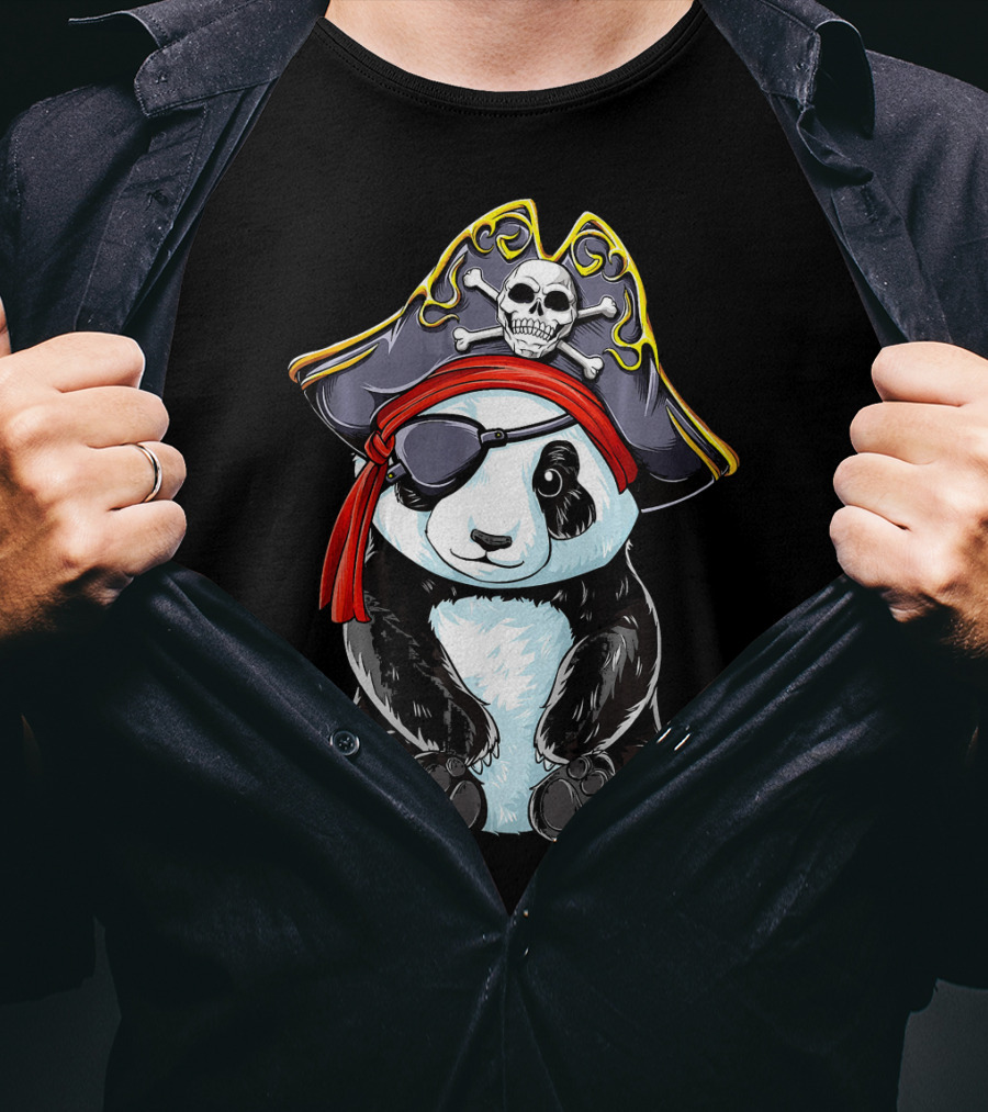 Panda Pirate Jolly Roger Skull Crossbones Eyepatch Bandana Hat T-Shirt