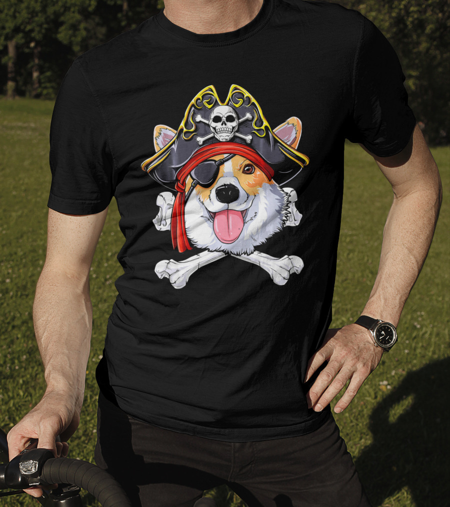 Corgi Pirate Skull And Crossbones Jolly Roger Flag T-Shirt