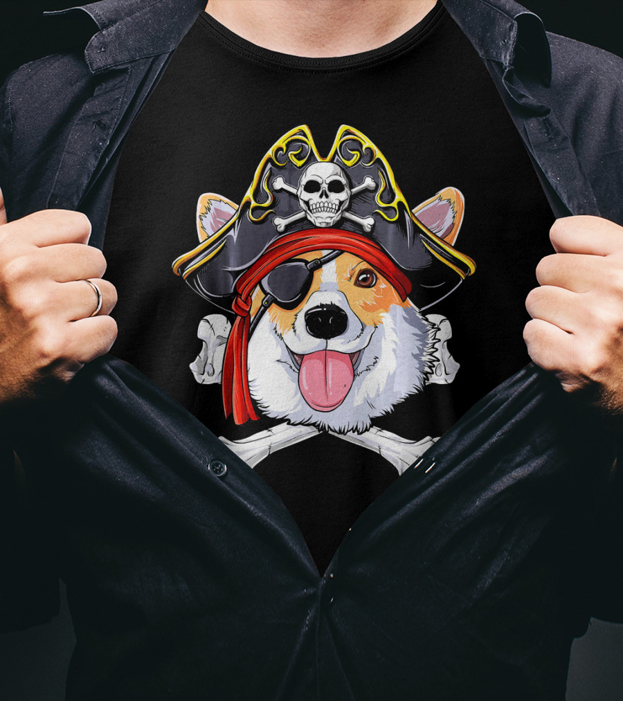 Corgi Pirate Skull And Crossbones Jolly Roger Flag T-Shirt