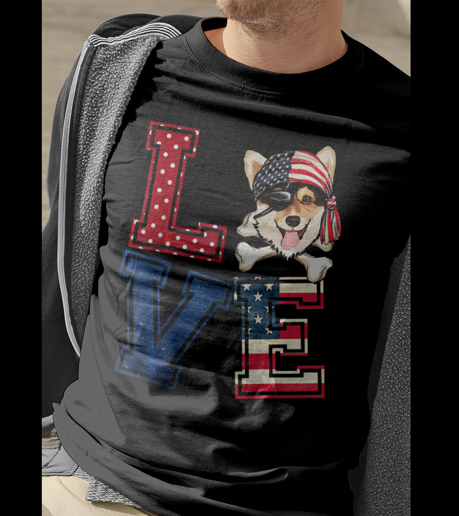 LOVE Corgi Pirate Face With American Flag Bandana And Lettering T-Shirt