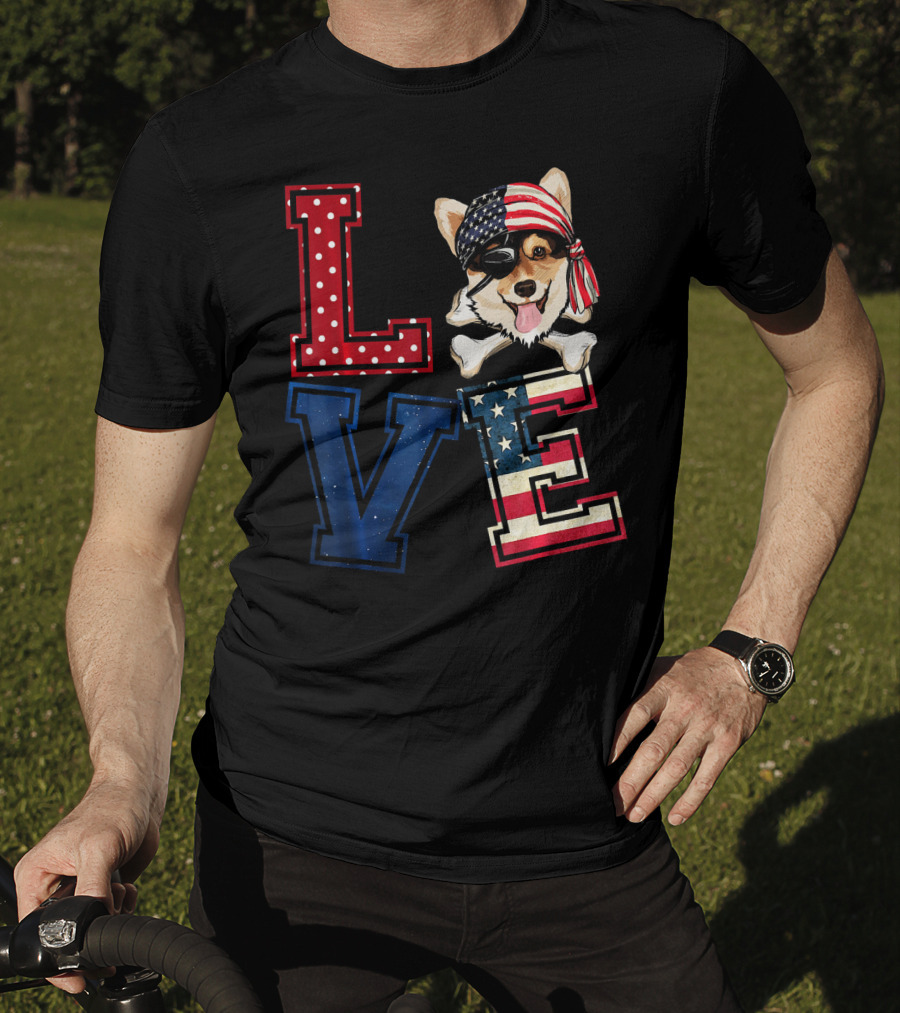 LOVE Corgi Pirate Face With American Flag Bandana And Lettering T-Shirt