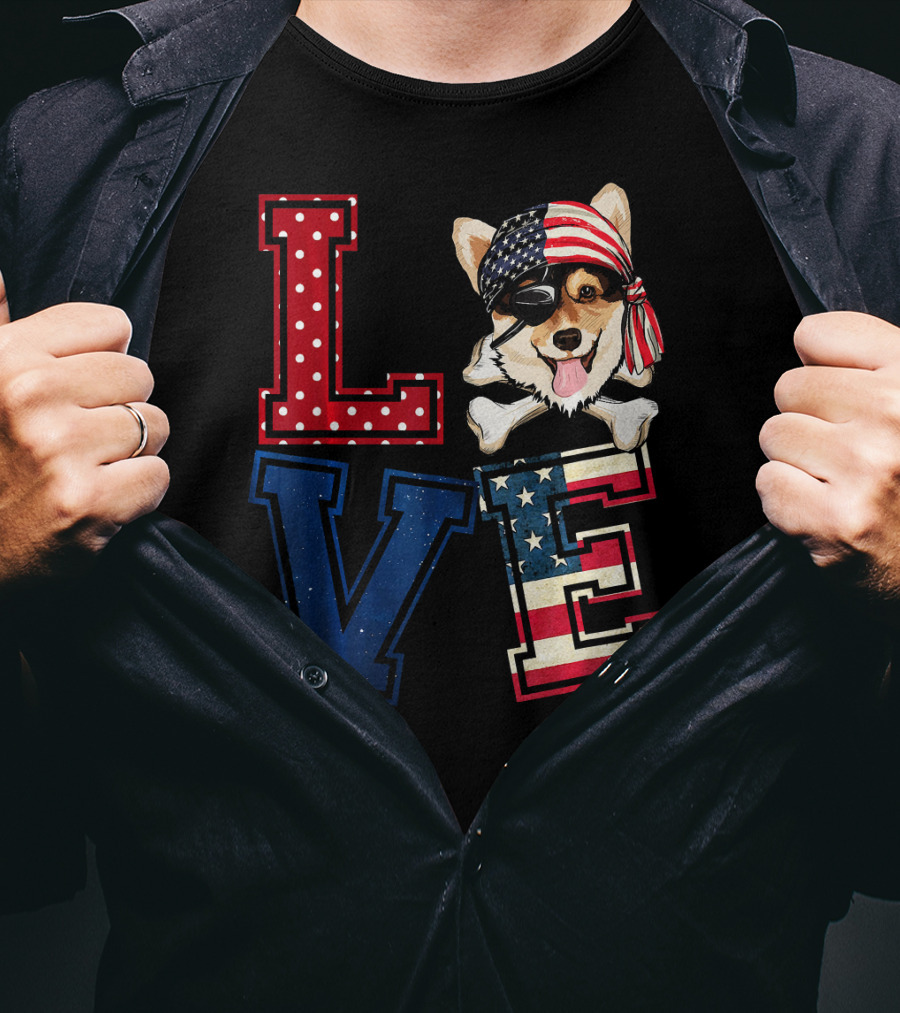 LOVE Corgi Pirate Face With American Flag Bandana And Lettering T-Shirt