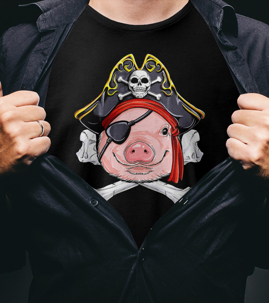 Pig Pirate Jolly Roger Flag Skull Eyepatch Crossbones Hat T-Shirt