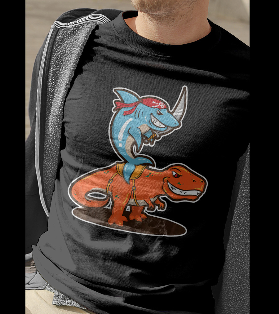 Pirate Shark Riding A T-Rex Dinosaur Adventure T-Shirt
