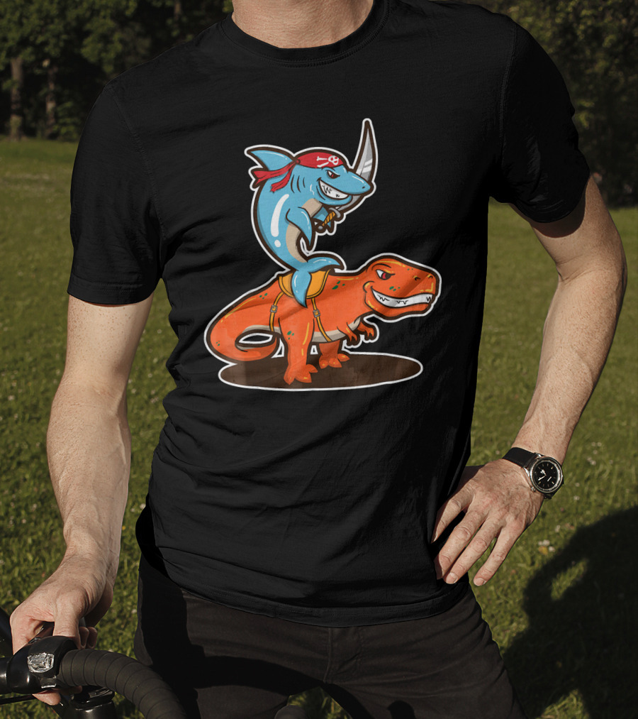 Pirate Shark Riding A T-Rex Dinosaur Adventure T-Shirt