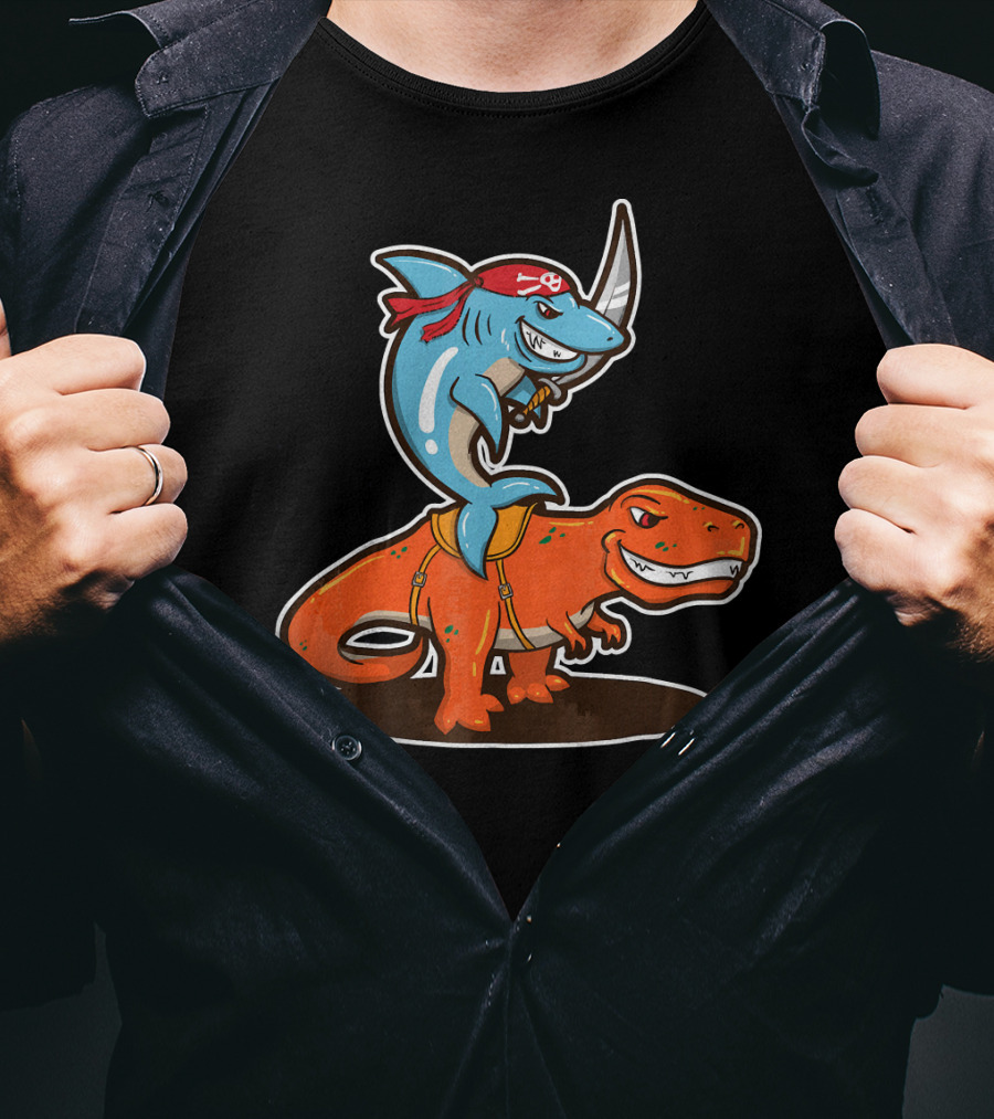 Pirate Shark Riding A T-Rex Dinosaur Adventure T-Shirt