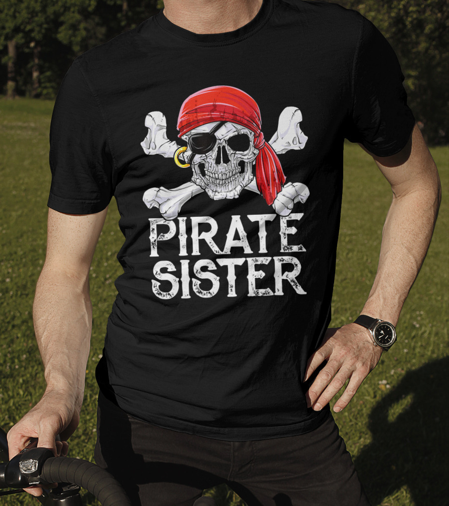 Pirate Sister Skull With Red Bandana And Crossbones T-Shirt