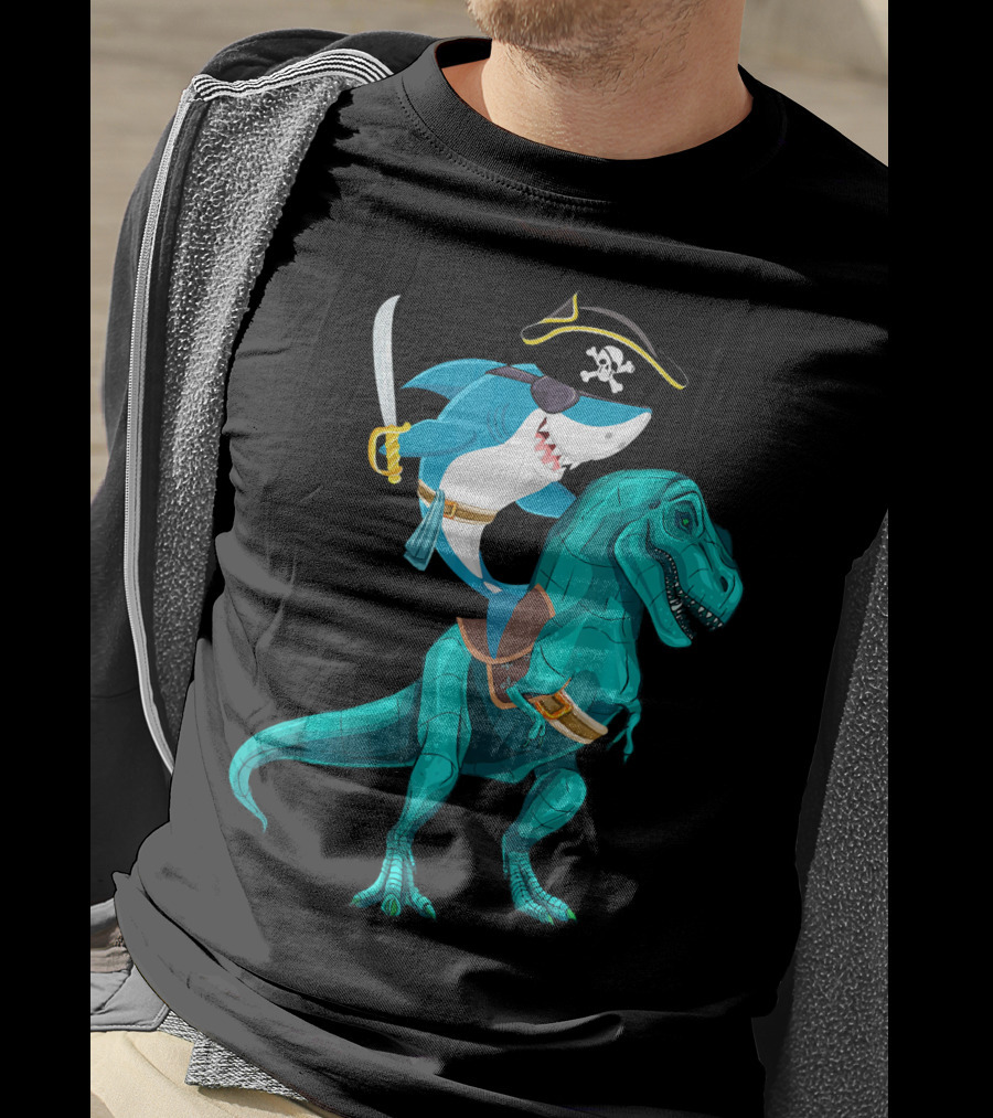 Shark Pirate On T-Rex For Kids Boys Sons T-Shirt