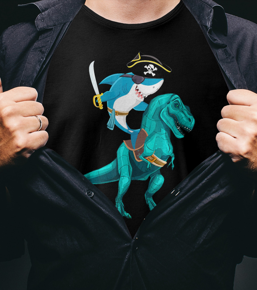 Shark Pirate On T-Rex For Kids Boys Sons T-Shirt
