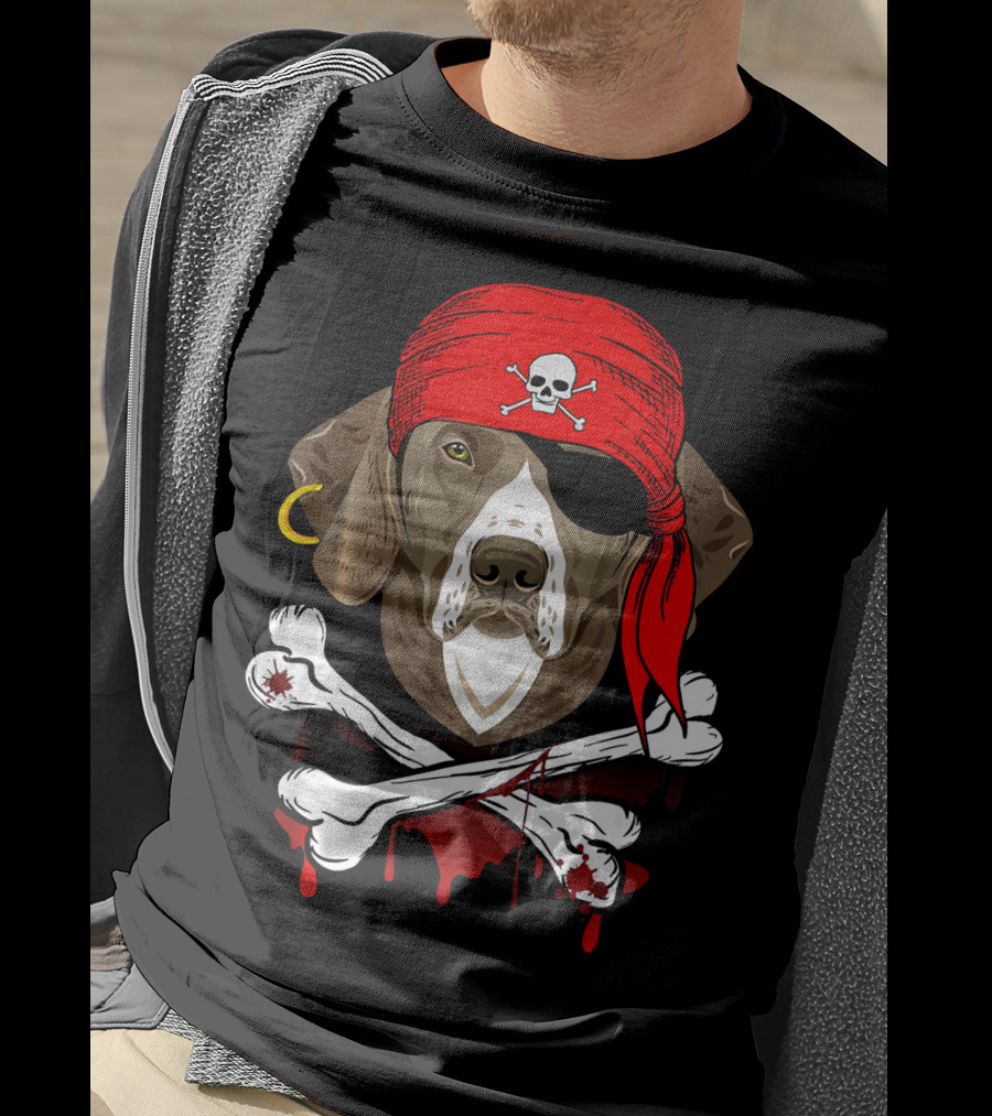 Weimaraner Dog Dad In Pirate Costume With Skull And Crossbones Bandana T-Shirt